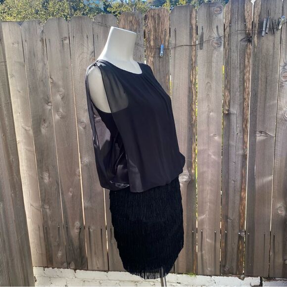 Aidan By Aidan Mattox Fringe Detail Chiffon Blouson Dress in black size 2 - Picture 10 of 15